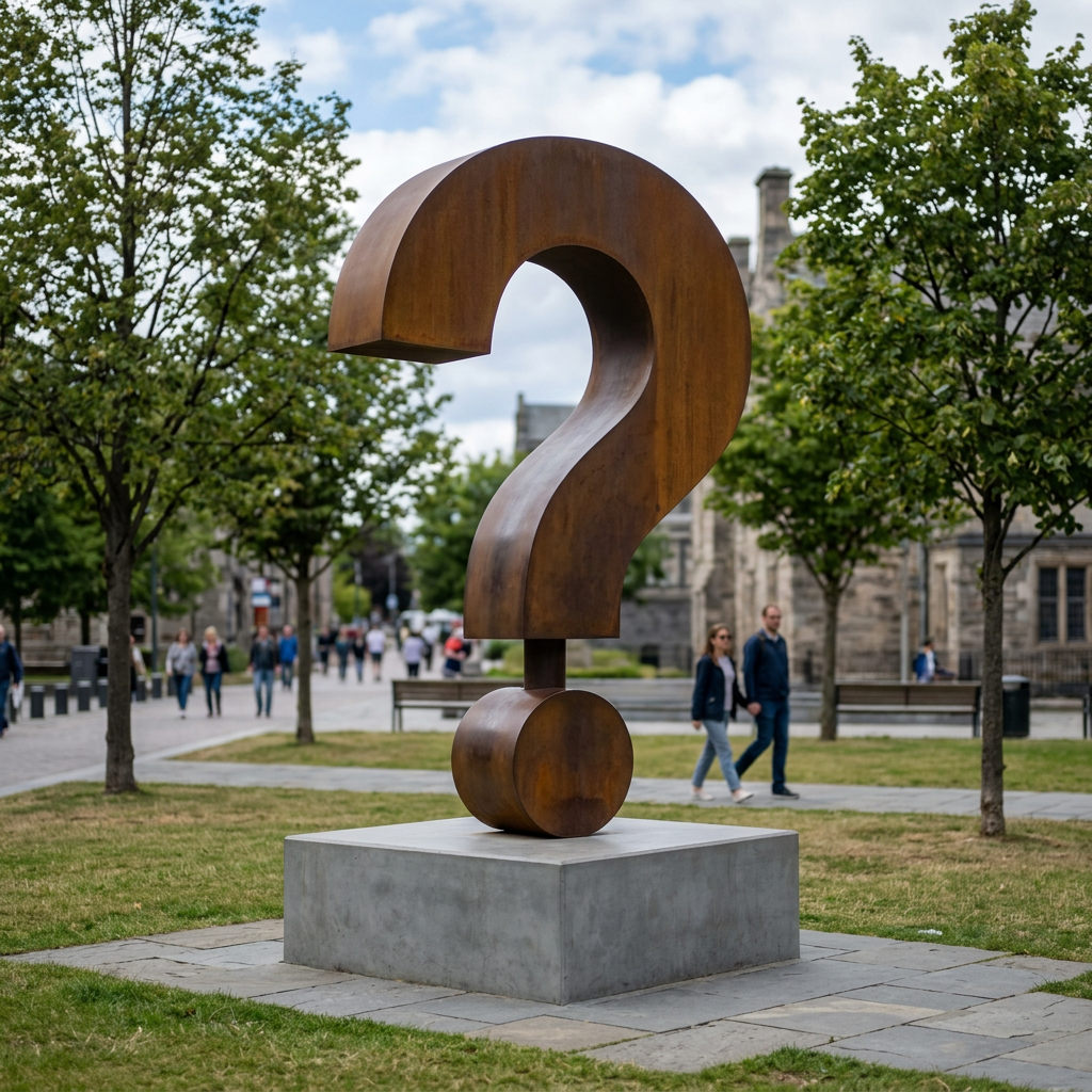 Rust-colored metal question mark sculpture on concrete base in park
